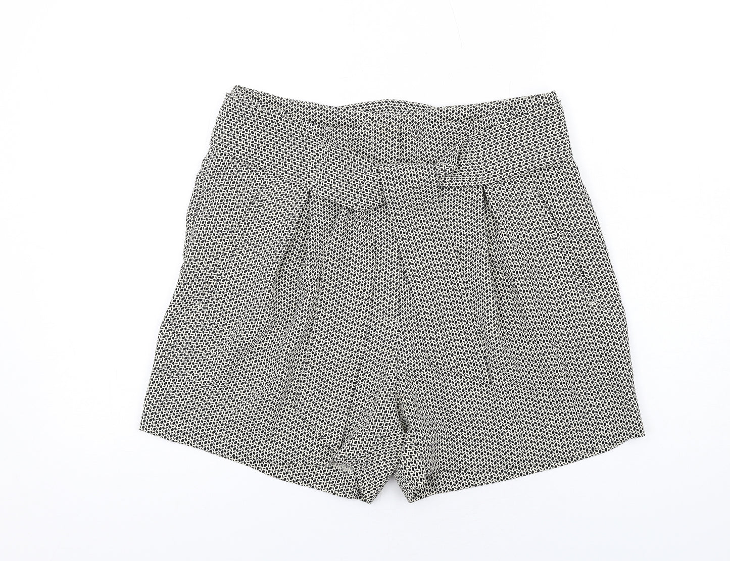 H&M Womens Black Geometric Polyester Paperbag Shorts Size 14 Regular Zip