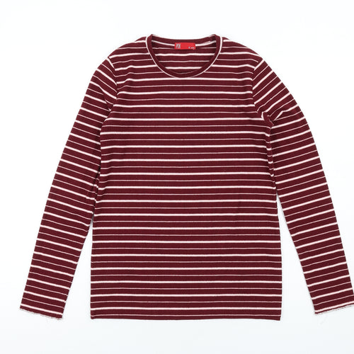 PDI Womens Red Striped Polyester Basic T-Shirt Size S Round Neck