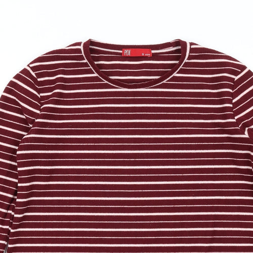 PDI Womens Red Striped Polyester Basic T-Shirt Size S Round Neck