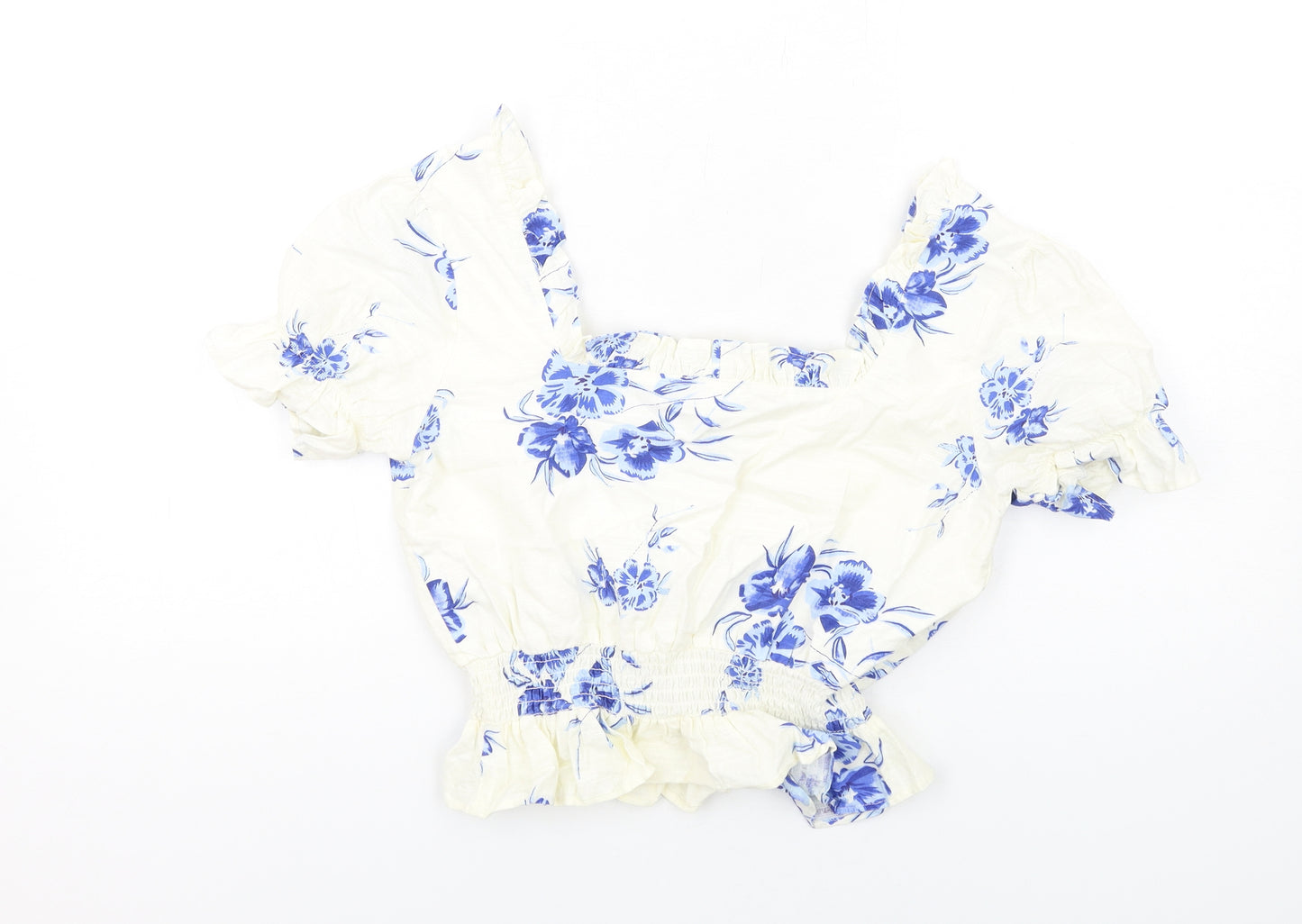 Neon Rose Womens Ivory Floral Cotton Cropped Blouse Size XS Square Neck