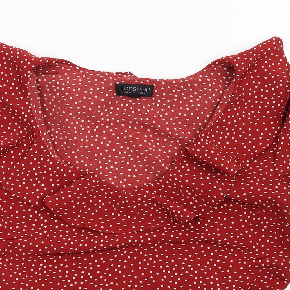 Topshop Womens Red Polka Dot Polyester Cropped Blouse Size 8 Collared