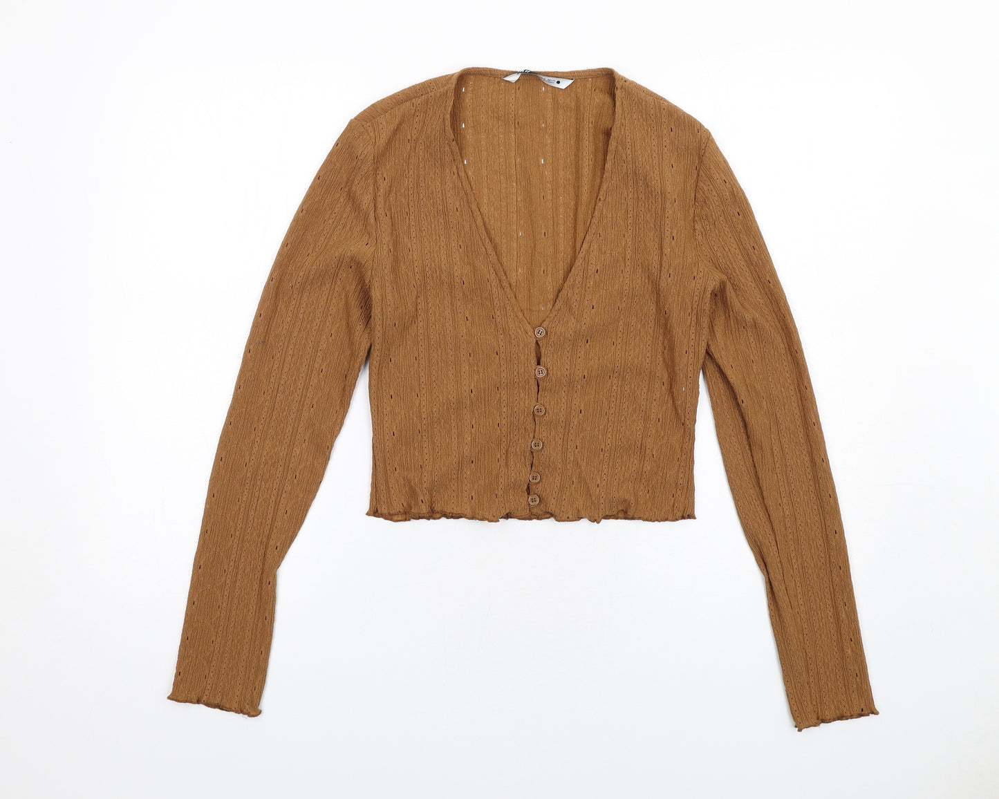 Zara Womens Brown Geometric Polyester Cropped Button-Up Size M V-Neck