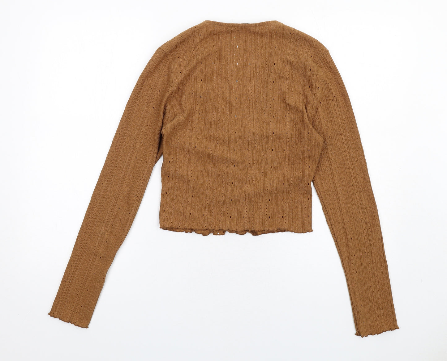 Zara Womens Brown Geometric Polyester Cropped Button-Up Size M V-Neck