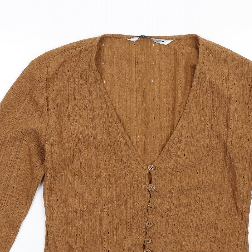 Zara Womens Brown Geometric Polyester Cropped Button-Up Size M V-Neck