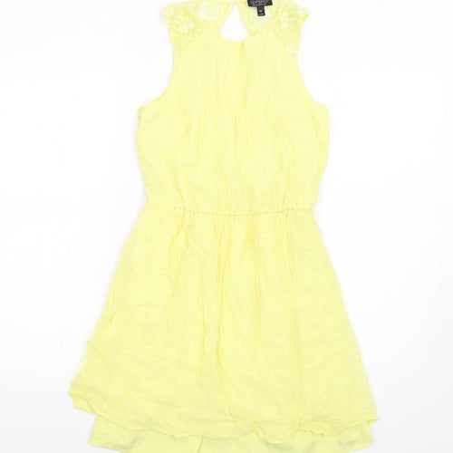 Topshop Womens Yellow Cupro Fit & Flare Size 8 Round Neck Button