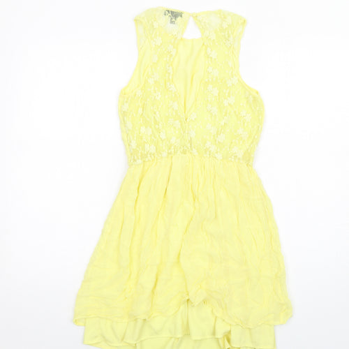 Topshop Womens Yellow Cupro Fit & Flare Size 8 Round Neck Button