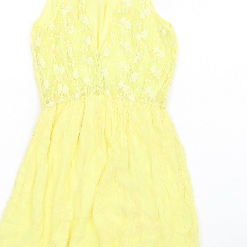 Topshop Womens Yellow Cupro Fit & Flare Size 8 Round Neck Button