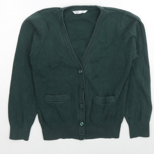 Marks and Spencer Girls Green V-Neck Cotton Cardigan Jumper Size 8-9 Years Button