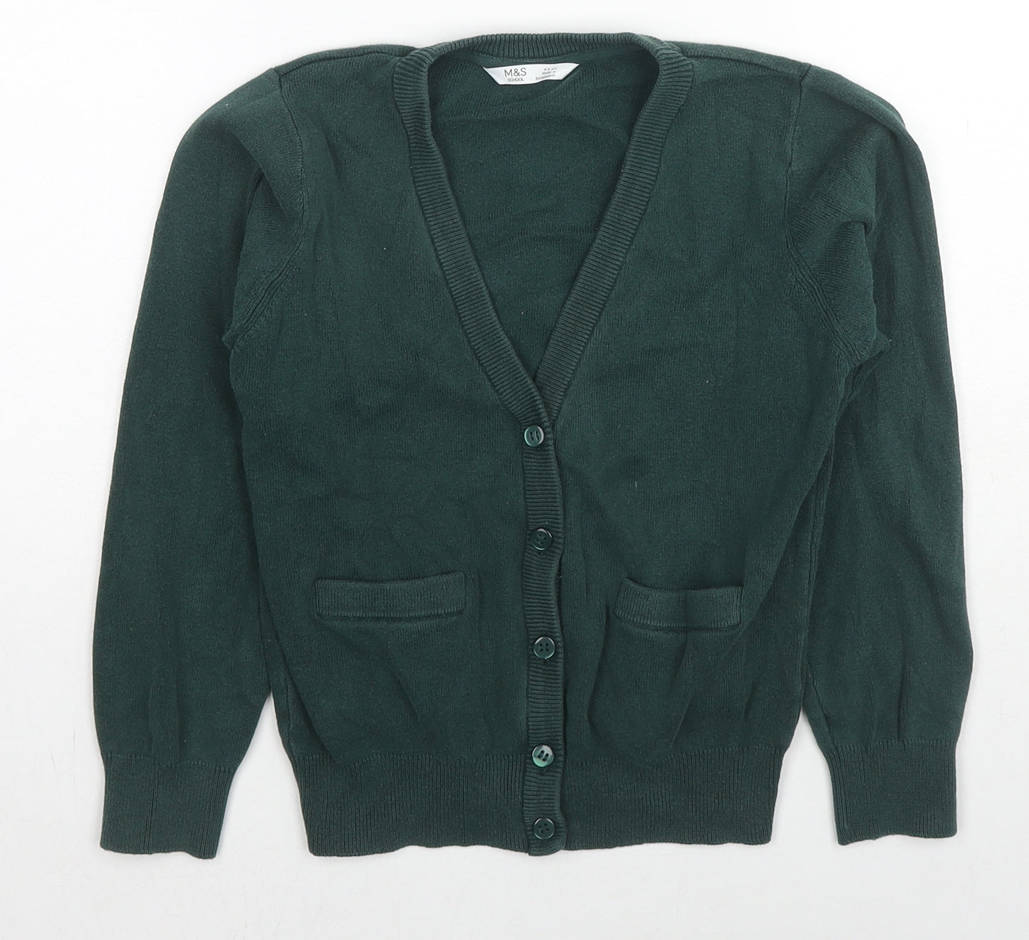 Marks and Spencer Girls Green V-Neck Cotton Cardigan Jumper Size 8-9 Years Button