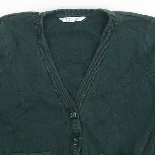 Marks and Spencer Girls Green V-Neck Cotton Cardigan Jumper Size 8-9 Years Button