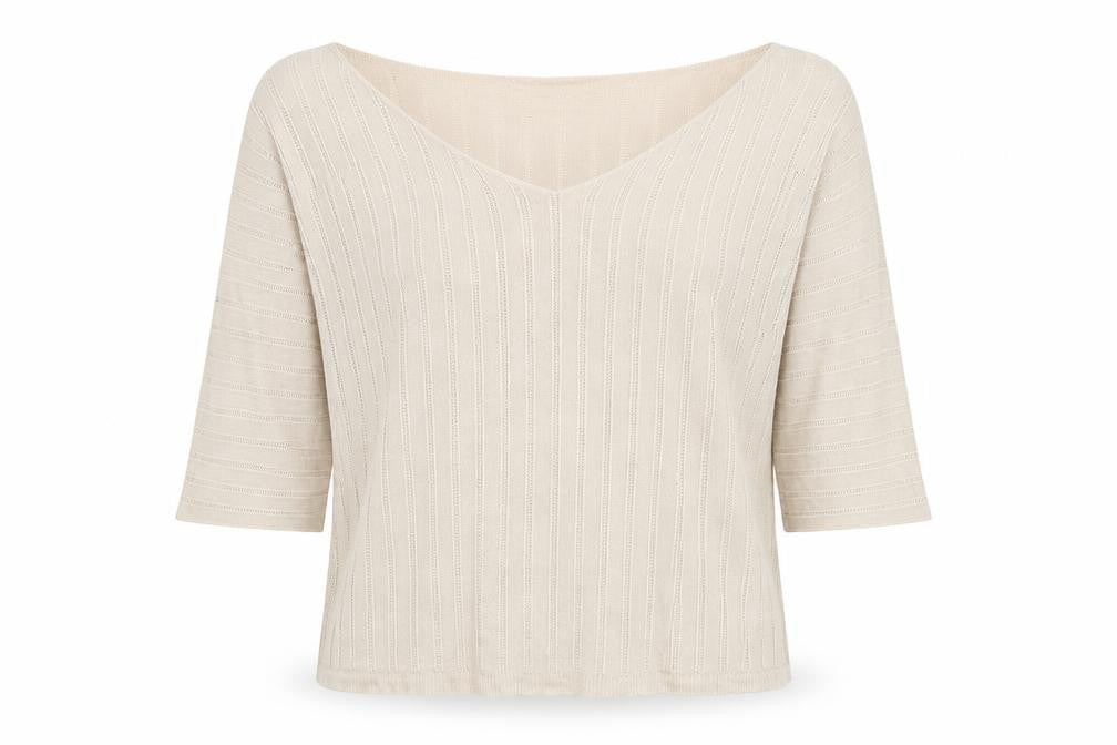 Front view of Lusia Ricci women’s beige v-neck modal jumper, size L