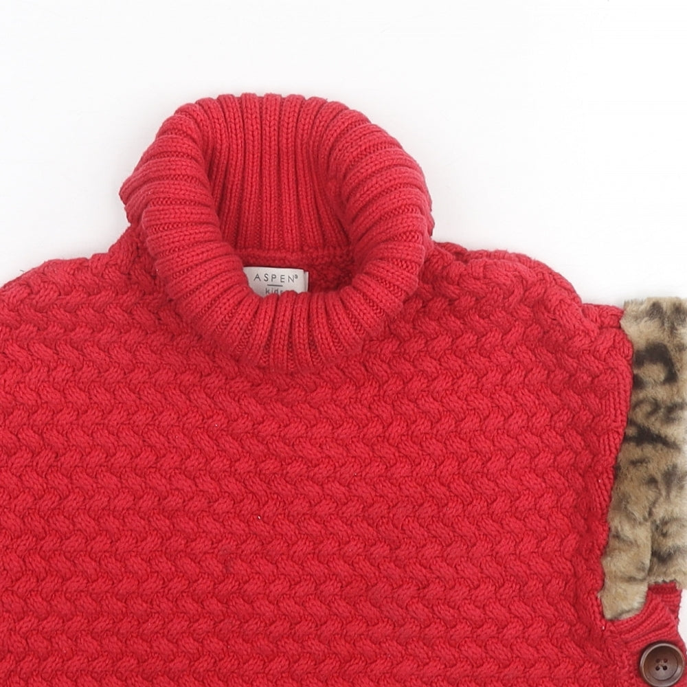 Aspen Girls Red Roll Neck Cotton Pullover Jumper Size 5-6 Years Pullover
