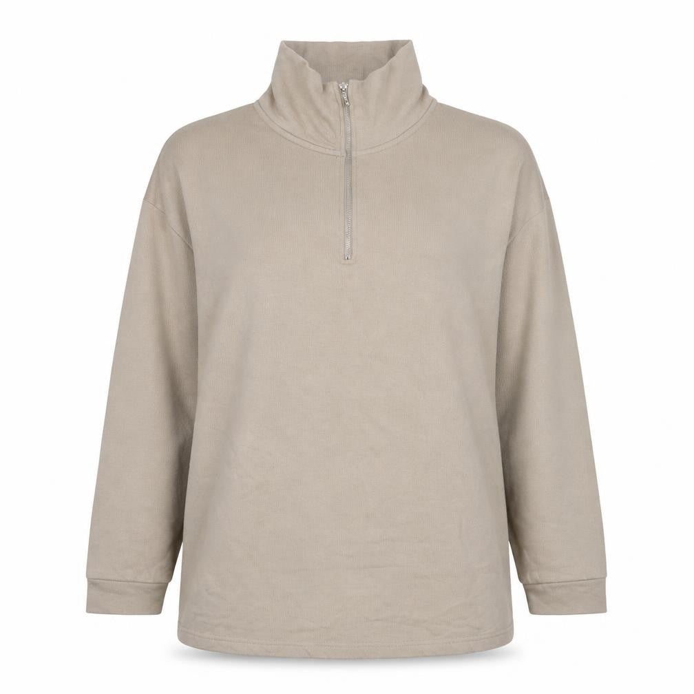 Front view of H&M women’s beige cotton pullover sweatshirt, size S, pullover