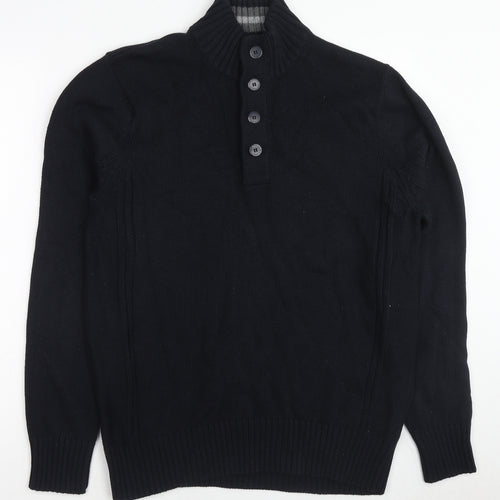 Marks and Spencer Mens Black Mock Neck Cotton Henley Jumper Size M Long Sleeve