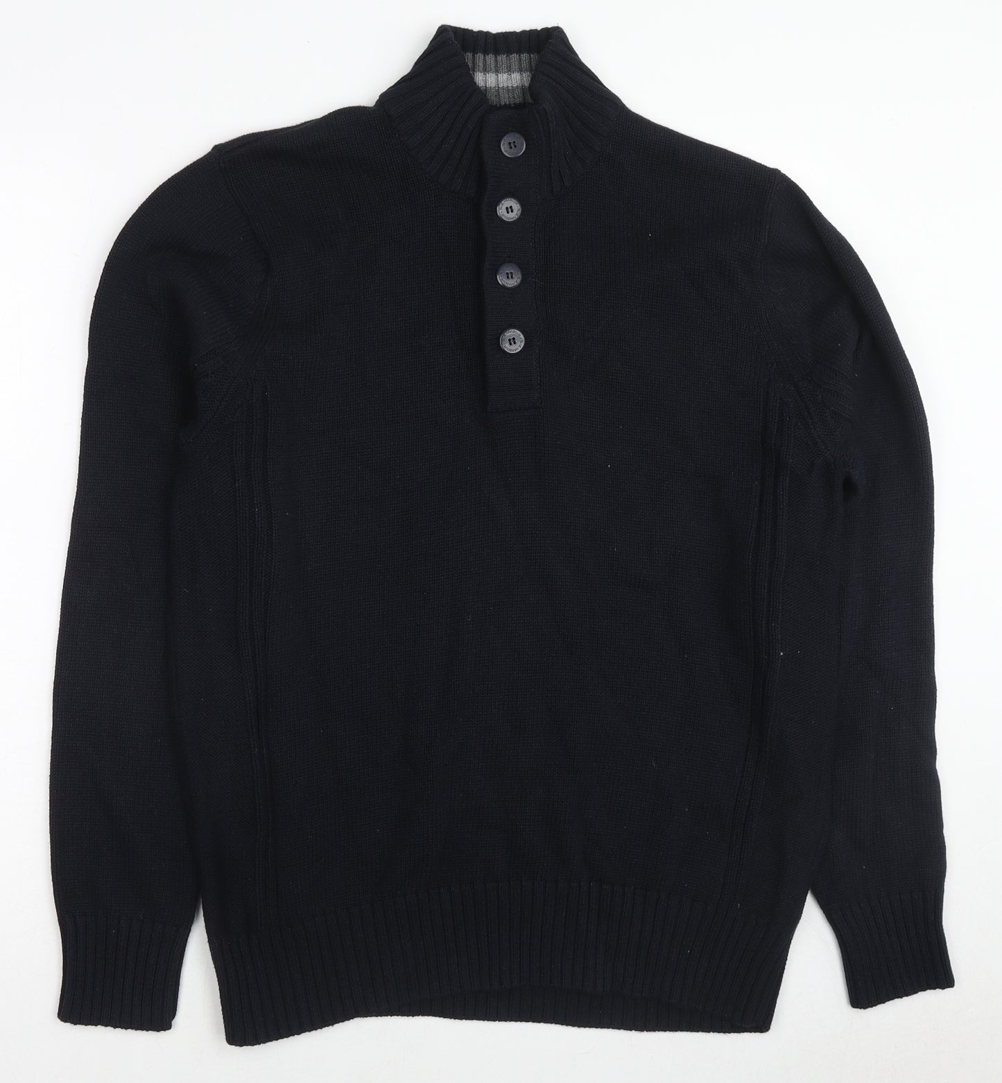 Marks and Spencer Mens Black Mock Neck Cotton Henley Jumper Size M Long Sleeve
