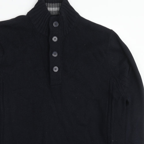 Marks and Spencer Mens Black Mock Neck Cotton Henley Jumper Size M Long Sleeve