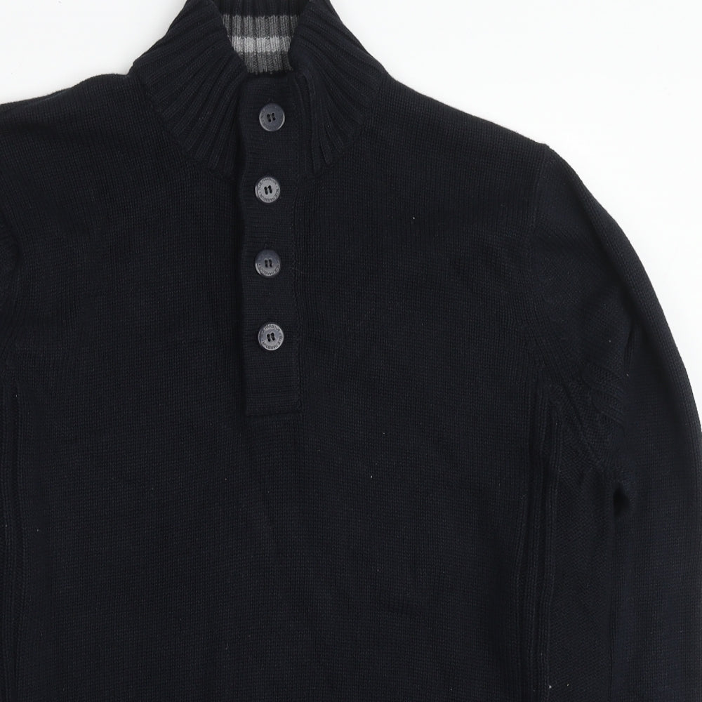 Marks and Spencer Mens Black Mock Neck Cotton Henley Jumper Size M Long Sleeve