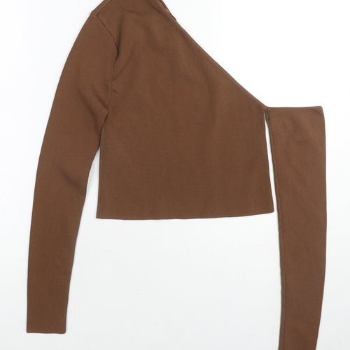 Zara Womens Brown V-Neck Polyamide Pullover Jumper Size M - One Shoulder