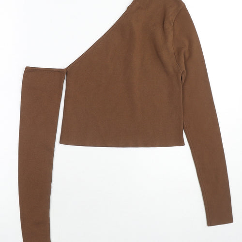 Zara Womens Brown V-Neck Polyamide Pullover Jumper Size M - One Shoulder
