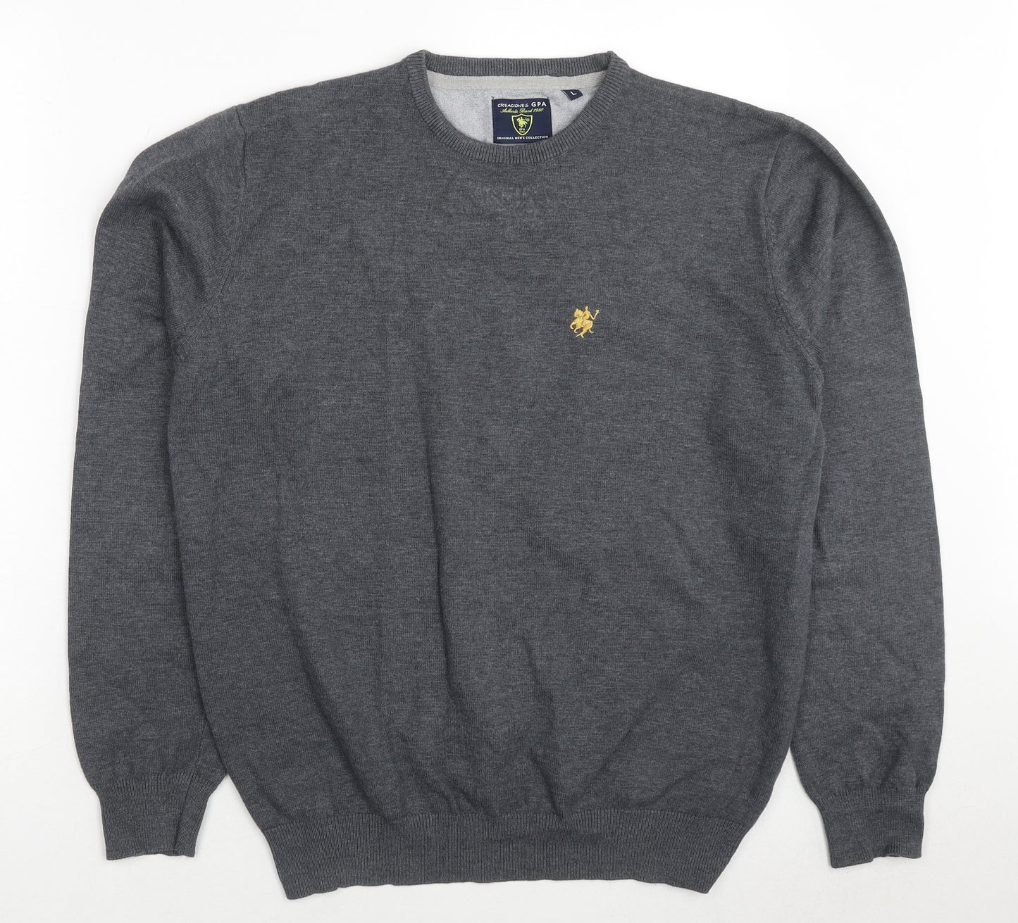 Creaciones Gpa Mens Grey Crew Neck Cotton Pullover Jumper Size L Long Sleeve