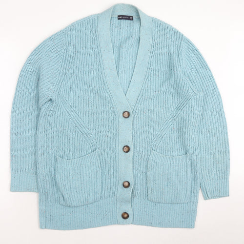 Marks and Spencer Womens Blue V-Neck Cotton Cardigan Jumper Size L - Pockets Button