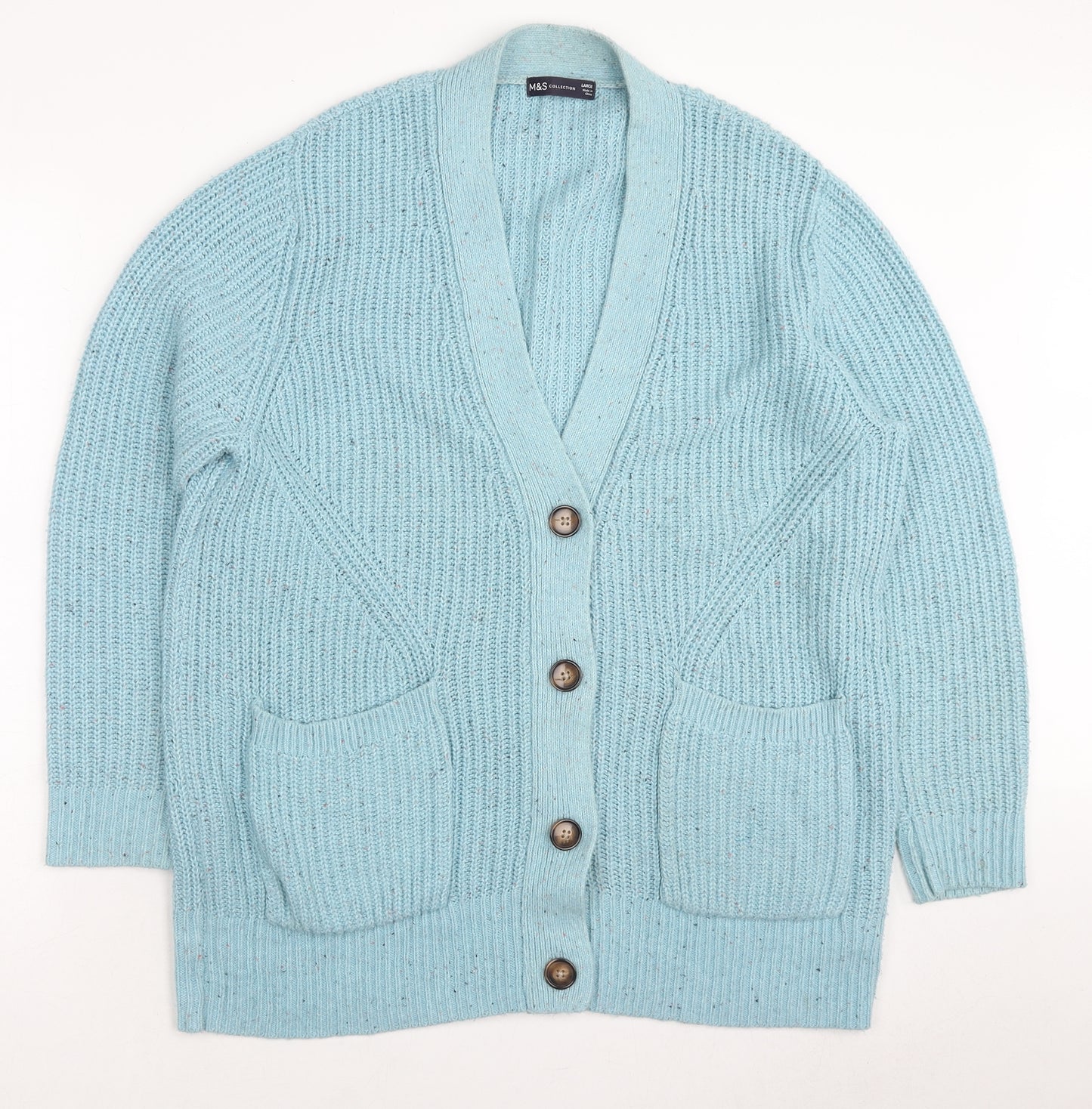 Marks and Spencer Womens Blue V-Neck Cotton Cardigan Jumper Size L - Pockets Button