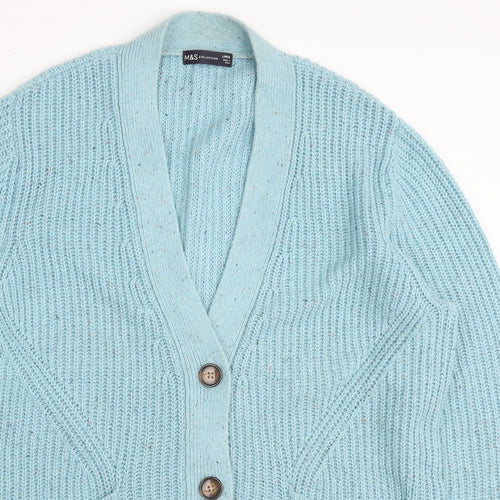 Marks and Spencer Womens Blue V-Neck Cotton Cardigan Jumper Size L - Pockets Button