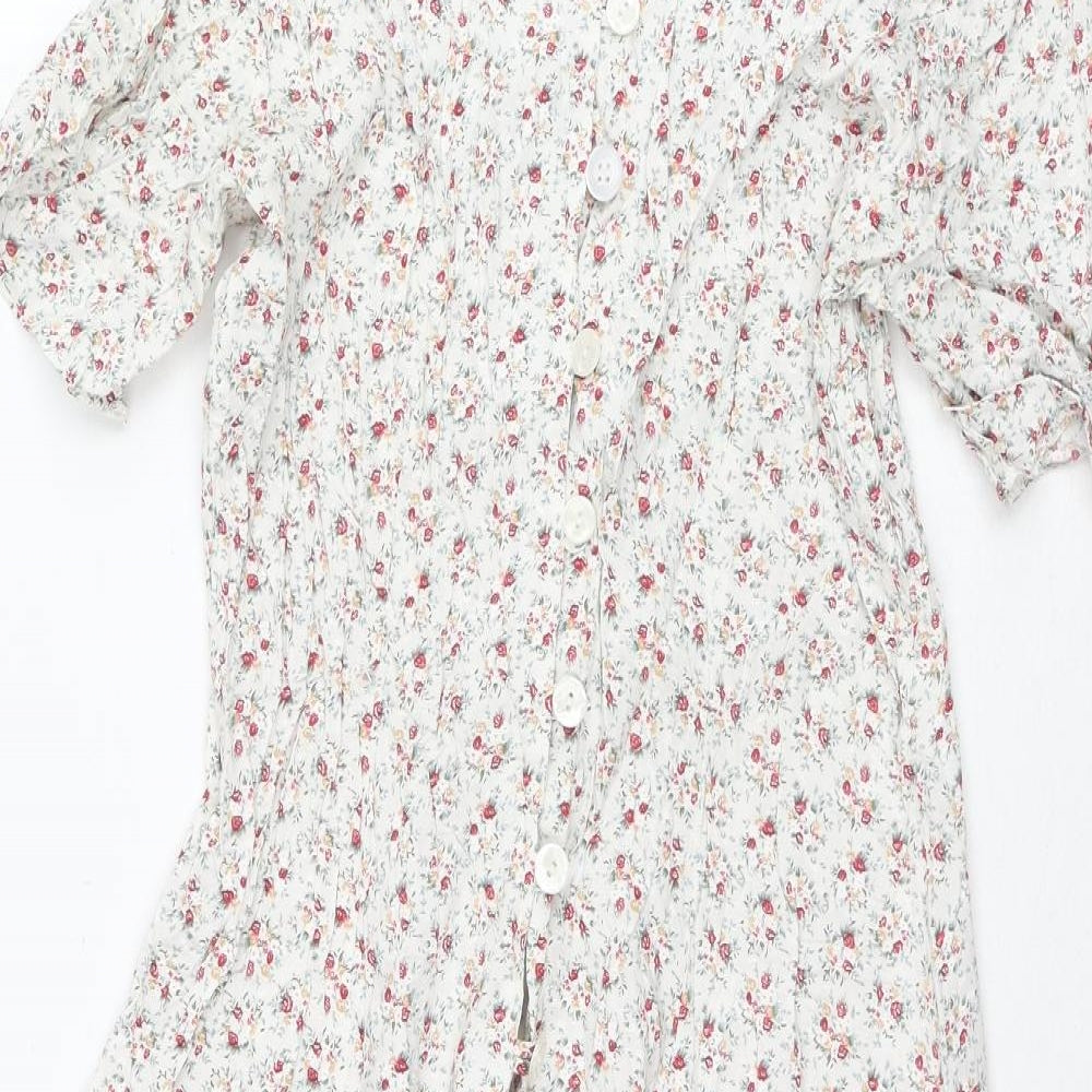 Etam Womens Multicoloured Floral Viscose A-Line Size 14 V-Neck Button