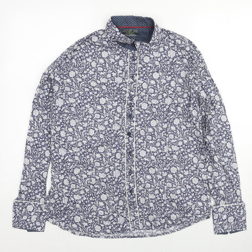 The Able Label Mens Blue Floral Cotton Button-Up Size M Collared Button
