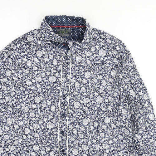 The Able Label Mens Blue Floral Cotton Button-Up Size M Collared Button