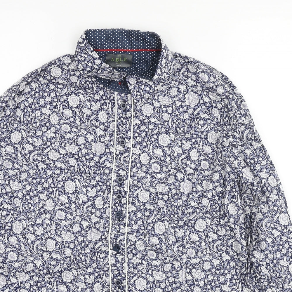 The Able Label Mens Blue Floral Cotton Button-Up Size M Collared Button