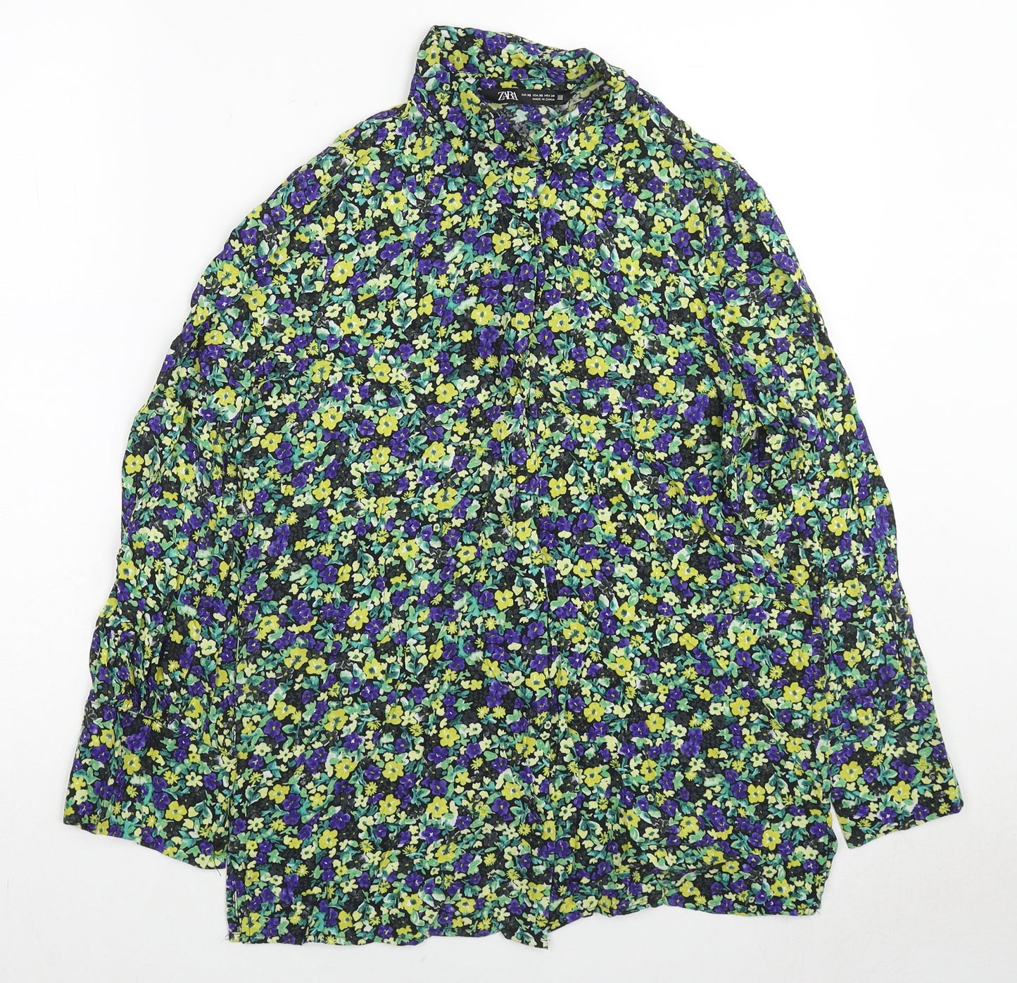 Zara Womens Multicoloured Floral Viscose Basic Button-Up Size XS Collared