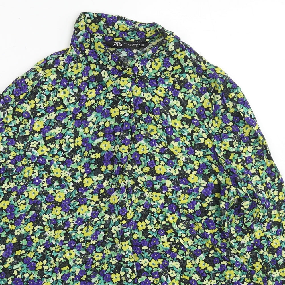 Zara Womens Multicoloured Floral Viscose Basic Button-Up Size XS Collared