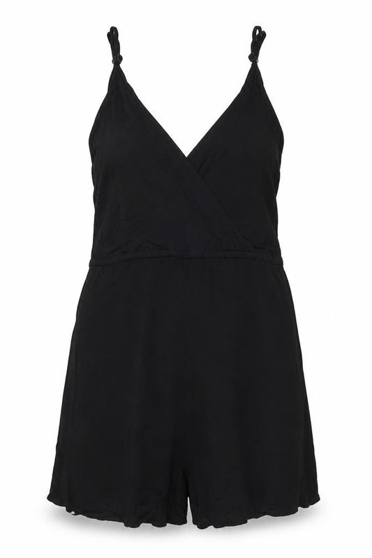 Front view of ASOS women’s black viscose playsuit one-piece, size UK 8, 3-inch leg pullover