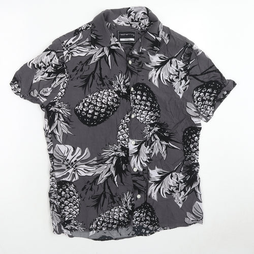 Red Herring Mens Grey Geometric Viscose Button-Up Size S Collared Buckle - Pineapple