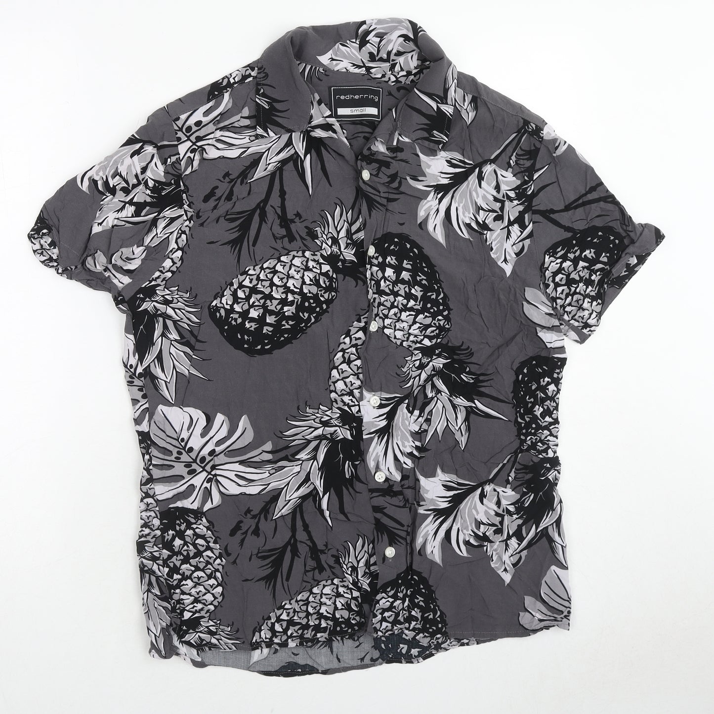 Red Herring Mens Grey Geometric Viscose Button-Up Size S Collared Buckle - Pineapple