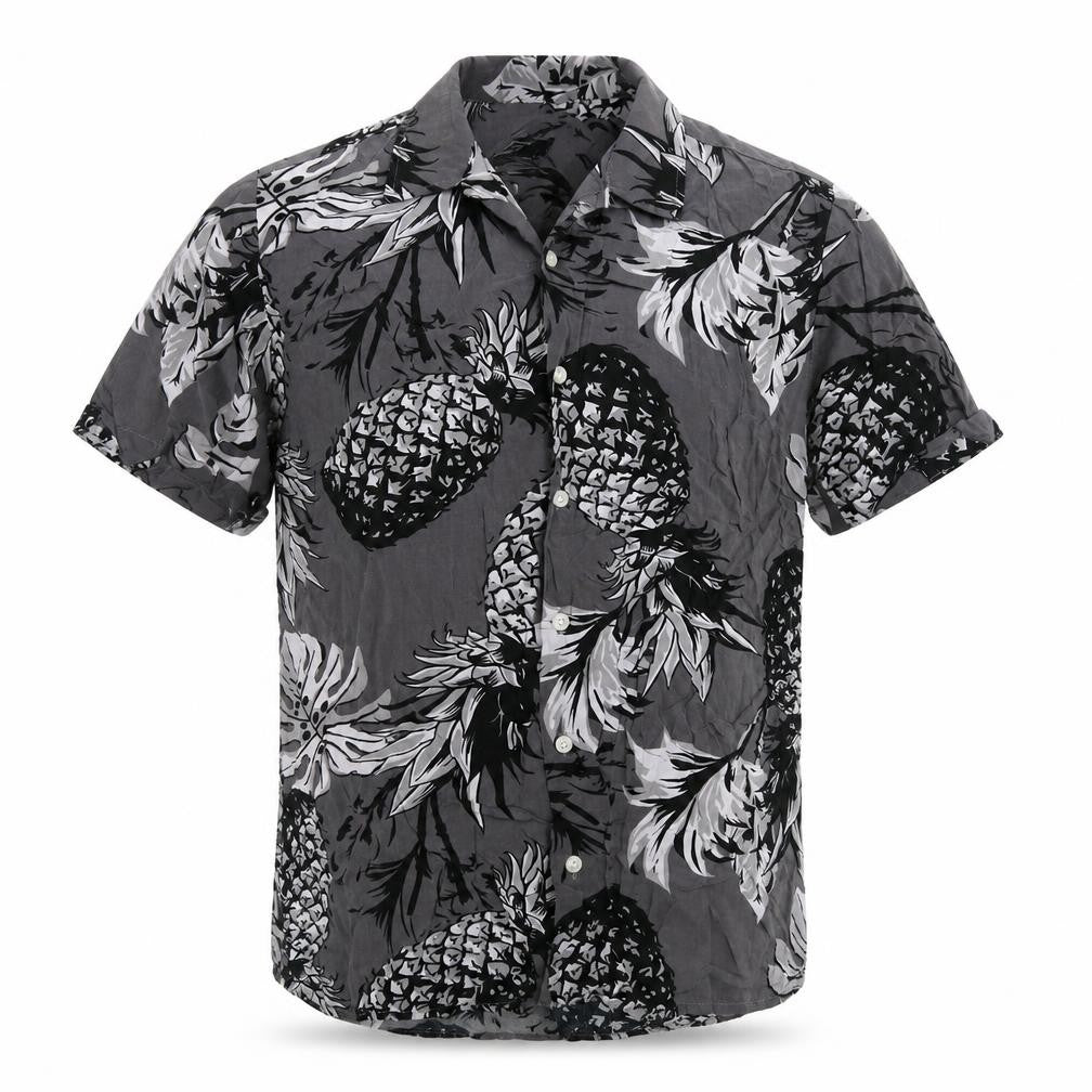 Front view of Red Herring men’s grey geometric viscose button-up, size S, collared buckle - pineapple
