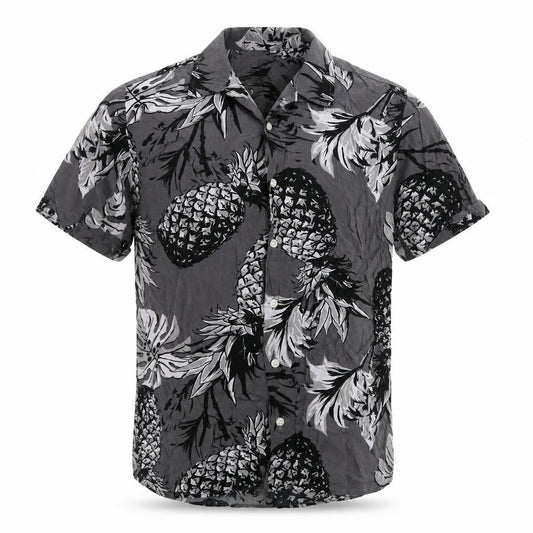 Front view of Red Herring men’s grey geometric viscose button-up, size S, collared buckle - pineapple