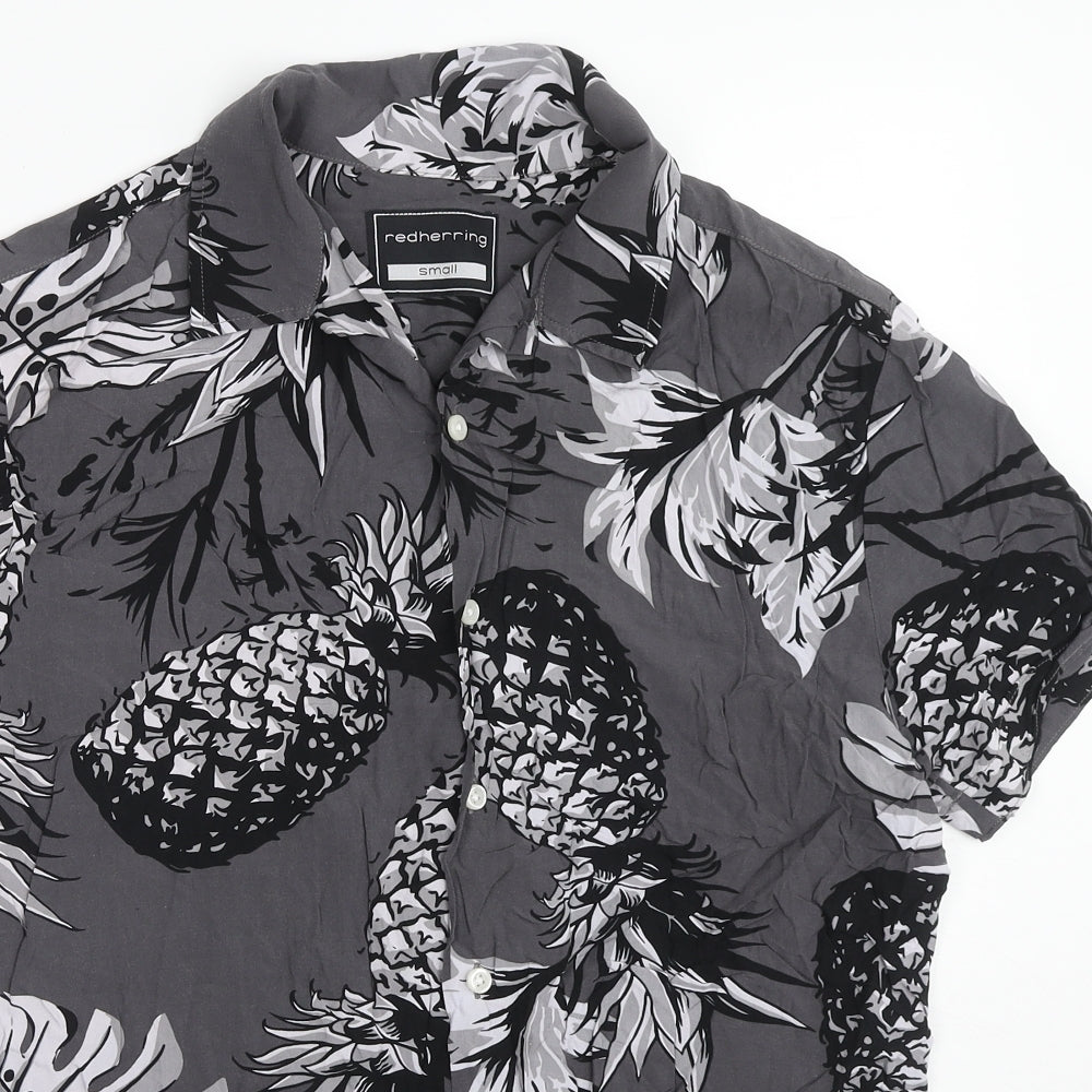 Red Herring Mens Grey Geometric Viscose Button-Up Size S Collared Buckle - Pineapple
