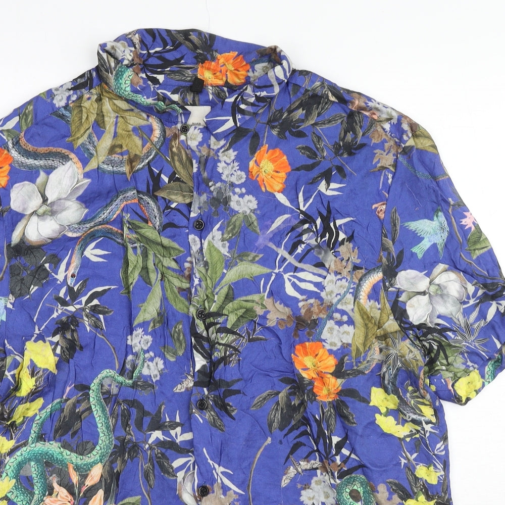 River Island Mens Multicoloured Floral Viscose Button-Up Size XL Collared Button