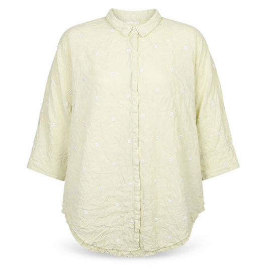 Front view of Khaadi women’s beige geometric viscose basic button-up, size M, collared
