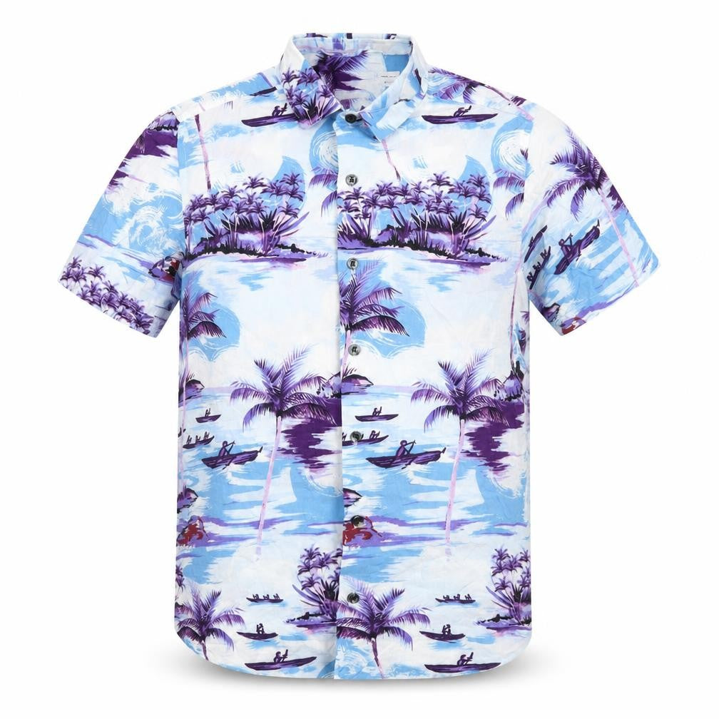 Front view of Topman men’s multicoloured viscose button-up, size XS, collared button - palm tree beach print