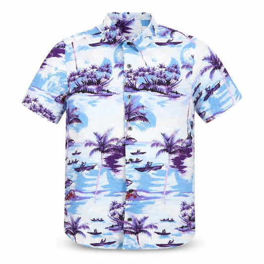 Front view of Topman men’s multicoloured viscose button-up, size XS, collared button - palm tree beach print