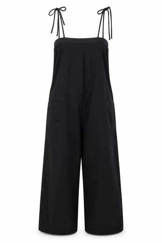 Front view of ASOS women’s black viscose jumpsuit one-piece, size UK 8, 21-inch leg button