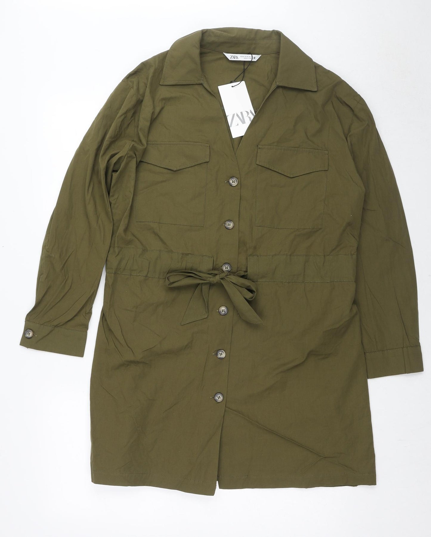Zara Womens Green Cotton Shirt Dress Size M Collared Button