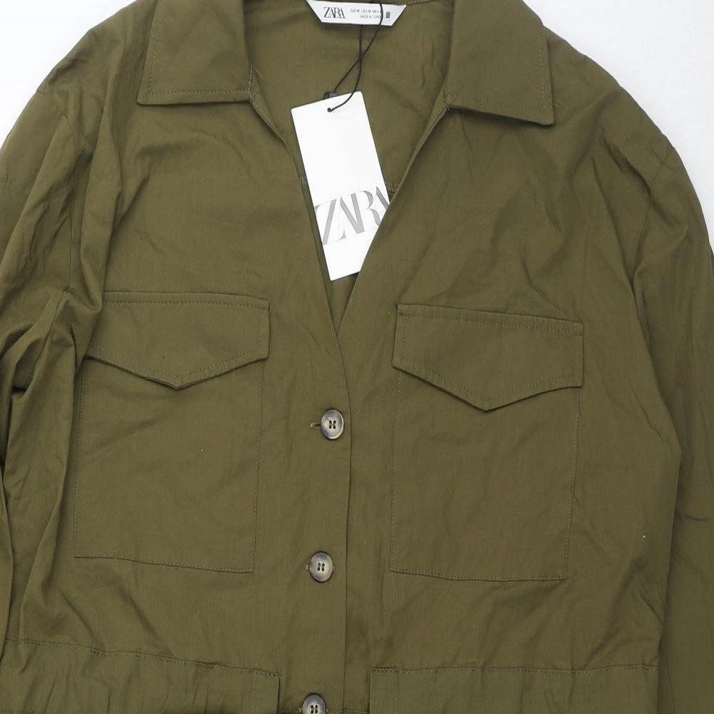 Zara Womens Green Cotton Shirt Dress Size M Collared Button