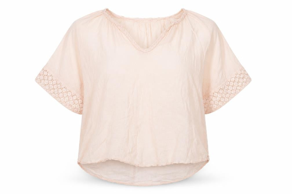Front view of Saint Tropez Clothing women’s beige polyester basic blouse, size XL, v-neck