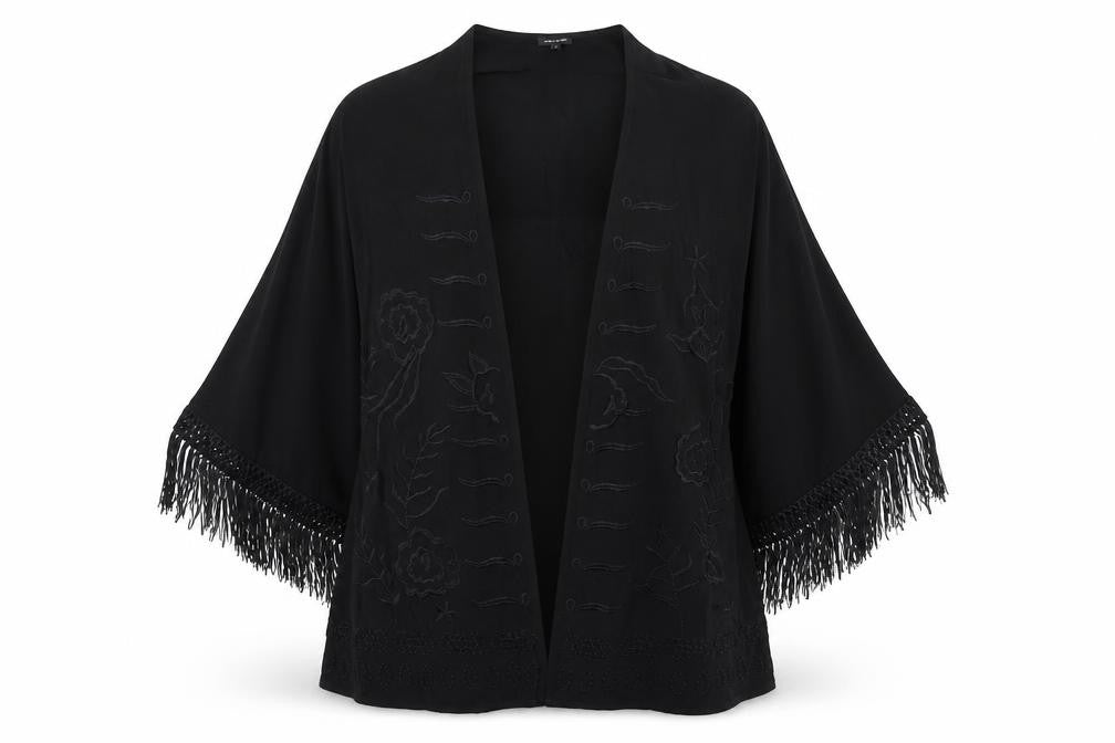 Front view of River Island women’s black viscose kimono blouse, size UK 8, v-neck