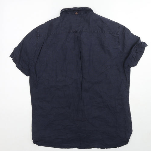 NEXT Mens Blue Linen Button-Up Size L Collared Button
