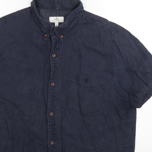 NEXT Mens Blue Linen Button-Up Size L Collared Button